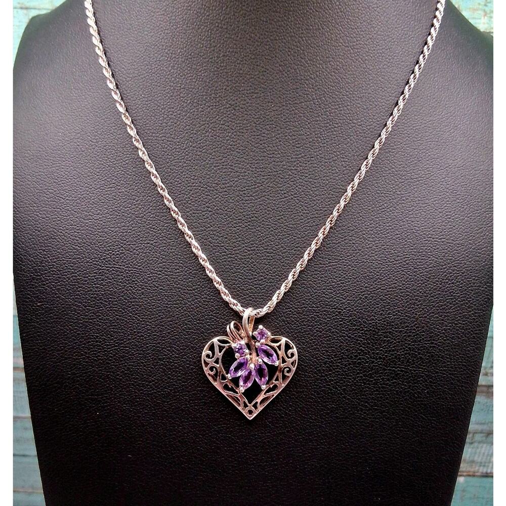 Vintage Amethyst Heart Necklace 22in Sterling Silver Gold Vermeil Filgree